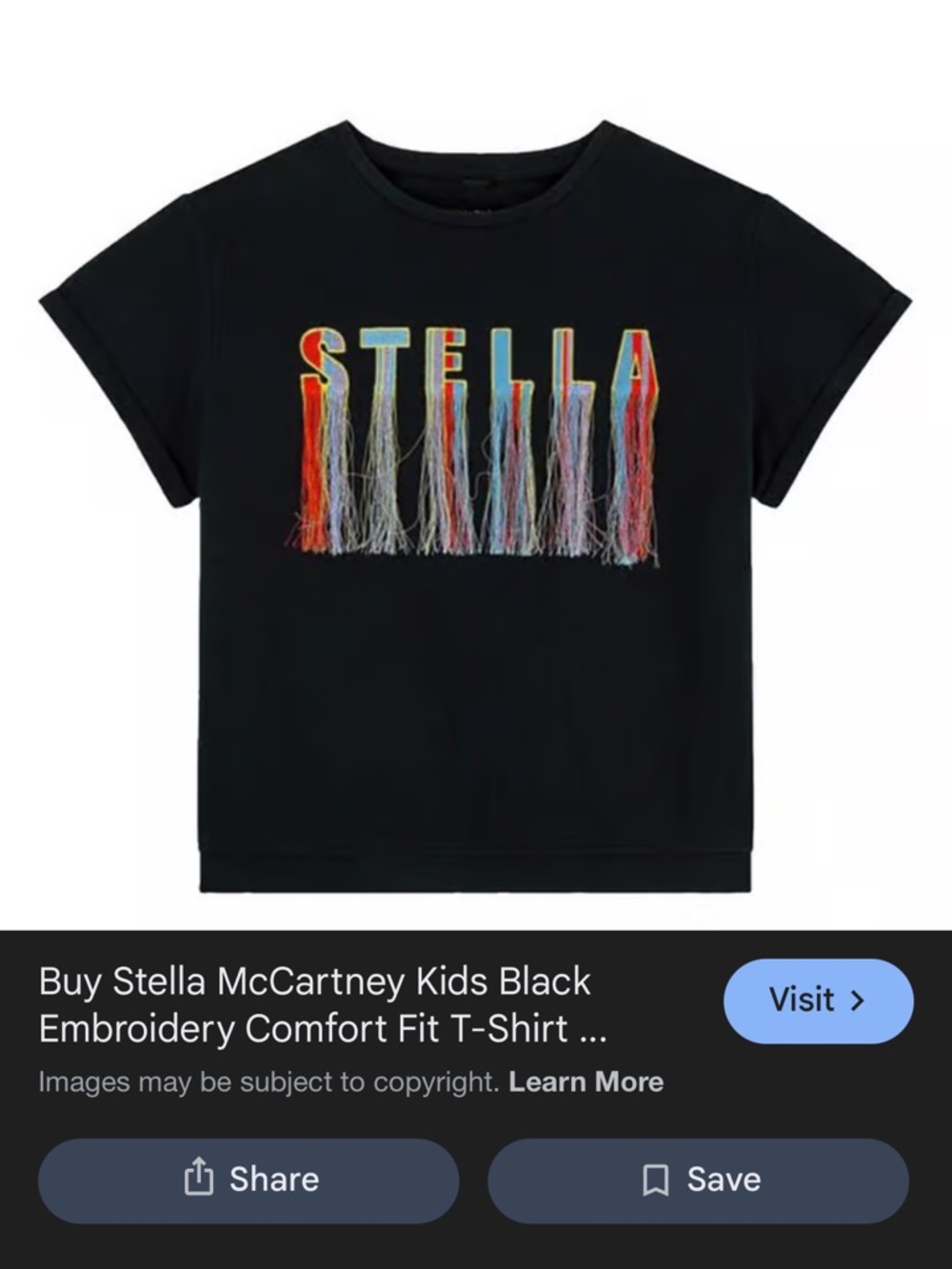 Stella McCartney Kids Black Tee with Multicolor Embroidered Fringe Logo